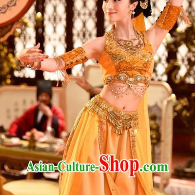 Chinese Ancient Tang Dynasty Palace Lady Qiuci Dance Costume and Headpiece Complete Set, Traditional Chinese Ancient Peri Flying Dance Dress Clothing for Women