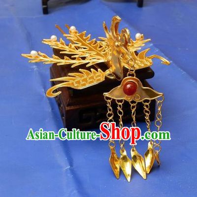Traditional Handmade Chinese Ancient Classical Hair Accessories Barrettes Phoenix Hairpins, Palace Princess Tassel Golden Step Shake Hair Claws for Women