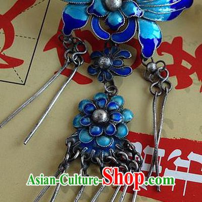 Traditional Handmade Chinese Ancient Classical Hair Accessories Barrettes Sliver Blueing Hairpin, Butterfly Step Shake Hair Sticks Tassel Hairpins for Women