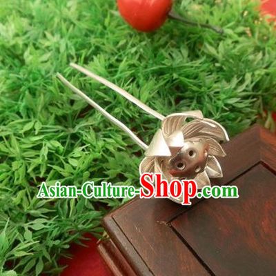Traditional Handmade Chinese Ancient Classical Hair Accessories Barrettes Pure Sliver Lotus Hairpin, Step Shake Hair Sticks Hair Jewellery for Women