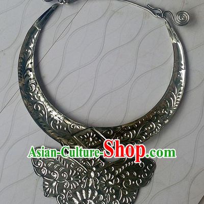 Traditional Chinese Miao Nationality Accessories Necklace, Hmong Female Ethnic Miao Sliver Necklet for Women
