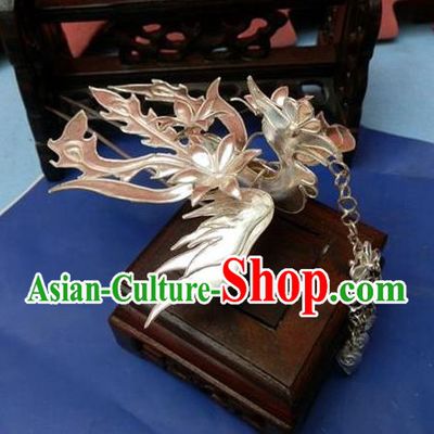 Traditional Handmade Chinese Ancient Classical Hair Accessories Barrettes Mandarin Imperial Empress Pure Sliver Phoenix Hairpins Bride Step Shake Hair Ornament for Women