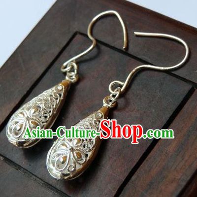 Traditional Handmade Chinese Ancient Classical Earrings Accessories Pure Sliver Water drop Tassel Eardrop for Women