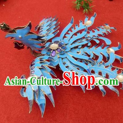 Traditional Handmade Chinese Ancient Classical Hair Accessories Headwear Barrettes Hanfu Hairpins, Ming Dynasty Imperial Blueing Phoenix Crown Step Shake Hair Clasps Hair Jewellery for Women
