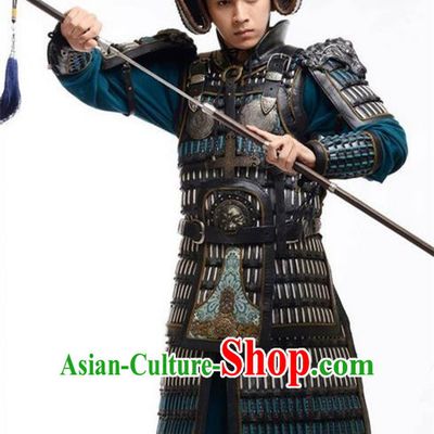 Chinese Ancient Tang Dynasty General Commander Armour Costume and Headwear Complete Set, Traditional Chinese Ancient Warrior Helmet Clothing for Men