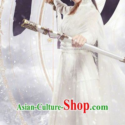Chinese Ancient Tang Dynasty Peri Saintess Costume and Headwear, Fighter of the Destiny Traditional Chinese Ancient Princess Swordswoman Clothing Complete Set