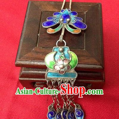 Traditional Handmade Chinese Ancient Classical Hair Accessories Barrettes, Bride Wedding Step Shake Tassel Hair Sticks Blueing Hairpins for Women