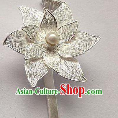 Traditional Handmade Chinese Ancient Classical Hair Accessories Barrettes Hairpins, Pure Sliver Pearl Lotus Step Shake Hair Sticks for Women