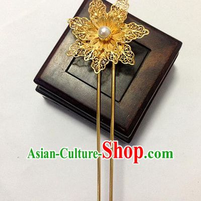 Traditional Handmade Chinese Ancient Classical Hair Accessories Barrettes White Pearl Lotus Hairpins, Pure Sliver Gilding Step Shake Hair Sticks for Women