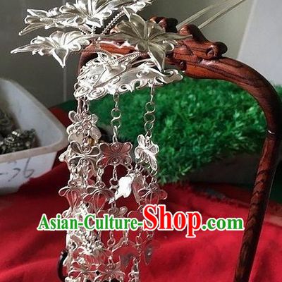 Traditional Handmade Chinese Ancient Classical Hair Accessories Barrettes Love of Butterfly Hairpin, Pure Sliver Step Shake Long Tassel Hair Sticks for Women