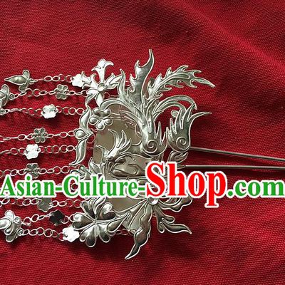 Traditional Handmade Chinese Ancient Classical Hair Accessories Barrettes Phoenix Hairpin, Pure Sliver Step Shake Long Tassel Hair Sticks for Women