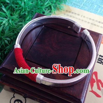 Traditional Chinese Miao Nationality Accessories Bracelet, Hmong Female Ethnic Pure Sliver Phoenix Bangle for Women