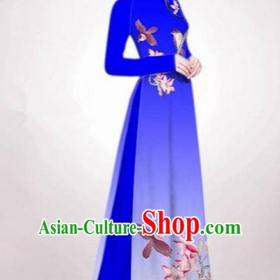 Top Grade Asian Vietnamese Traditional Dress, Vietnam Ao Dai Dress Royalblue Cheongsam Clothing for Women