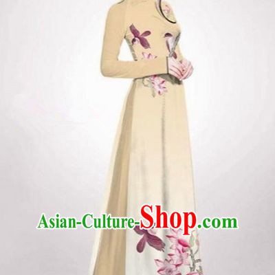 Top Grade Asian Vietnamese Traditional Dress, Vietnam Ao Dai Dress Khaki Cheongsam Clothing for Women
