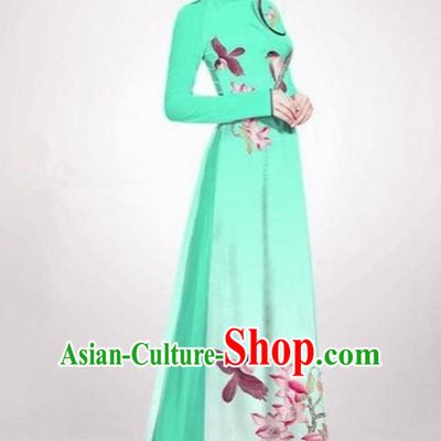 Top Grade Asian Vietnamese Traditional Dress, Vietnam Ao Dai Dress Fluorescence Green Cheongsam Clothing for Women