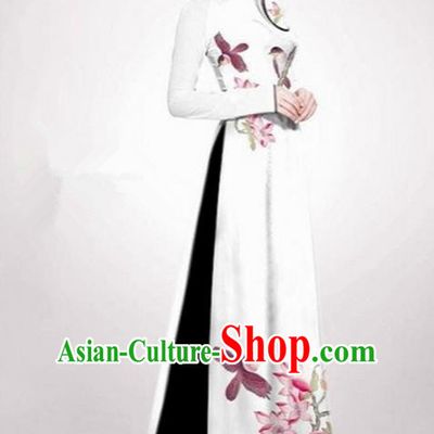 Top Grade Asian Vietnamese Traditional Dress, Vietnam Ao Dai Dress White Cheongsam Clothing for Women