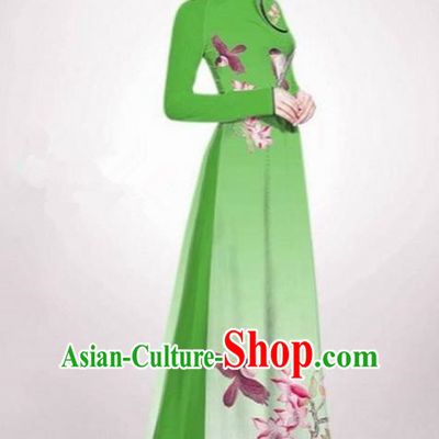 Top Grade Asian Vietnamese Traditional Dress, Vietnam Ao Dai Dress Green Cheongsam Clothing for Women