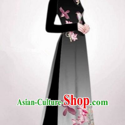 Top Grade Asian Vietnamese Traditional Dress, Vietnam Ao Dai Dress Black Cheongsam Clothing for Women