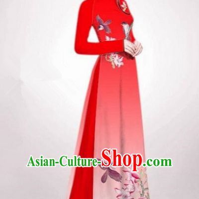 Top Grade Asian Vietnamese Traditional Dress, Vietnam Ao Dai Dress Red Cheongsam Clothing for Women