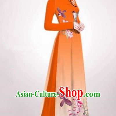 Top Grade Asian Vietnamese Traditional Dress, Vietnam Ao Dai Dress Orange Cheongsam Clothing for Women