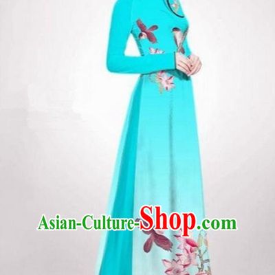 Top Grade Asian Vietnamese Traditional Dress, Vietnam Ao Dai Dress Blue Cheongsam Clothing for Women