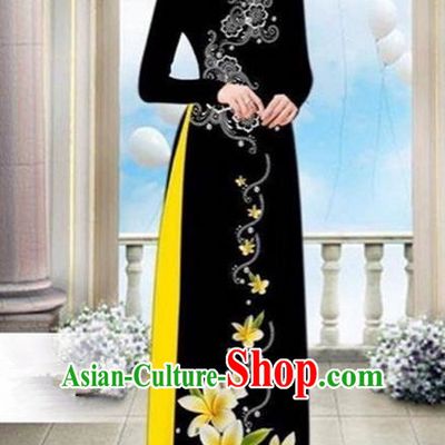 Top Grade Asian Vietnamese Traditional Dress, Vietnam Bride Ao Dai Dress Wedding Black Printing Cheongsam Clothing for Women