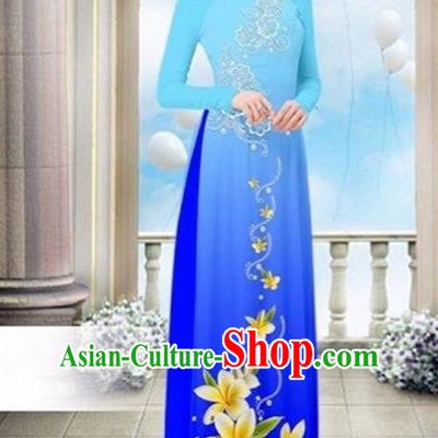 Top Grade Asian Vietnamese Traditional Dress, Vietnam Bride Ao Dai Dress Wedding Blue Printing Cheongsam Clothing for Women