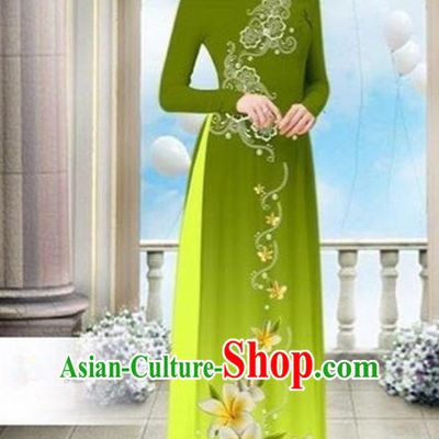 Top Grade Asian Vietnamese Traditional Dress, Vietnam Bride Ao Dai Dress Wedding Fluorescence Green Printing Cheongsam Clothing for Women