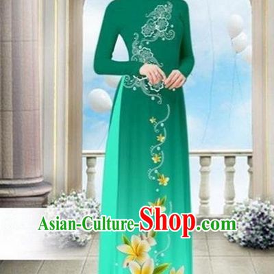 Top Grade Asian Vietnamese Traditional Dress, Vietnam Bride Ao Dai Dress Wedding Green Printing Cheongsam Clothing for Women