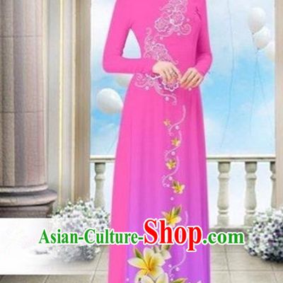 Top Grade Asian Vietnamese Traditional Dress, Vietnam Bride Ao Dai Dress Wedding Pink Printing Cheongsam Clothing for Women