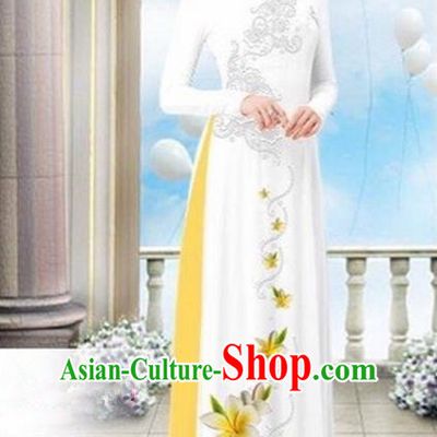 Top Grade Asian Vietnamese Traditional Dress, Vietnam Bride Ao Dai Dress Wedding White Printing Cheongsam Clothing for Women