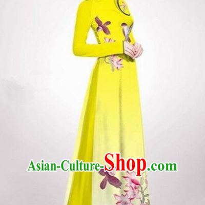 Top Grade Asian Vietnamese Traditional Dress, Vietnam Ao Dai Dress Yellow Cheongsam Clothing for Women