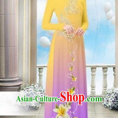 Top Grade Asian Vietnamese Traditional Dress, Vietnam Bride Ao Dai Dress Wedding Purple Printing Cheongsam Clothing for Women