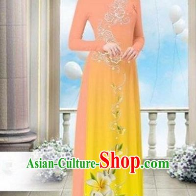 Top Grade Asian Vietnamese Traditional Dress, Vietnam Bride Ao Dai Dress Wedding Yellow Printing Cheongsam Clothing for Women