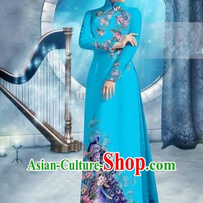 Top Grade Asian Vietnamese Traditional Dress, Vietnam Bride Ao Dai Dress, Princess Wedding Printing Peacock Blue Cheongsam Clothing for Women