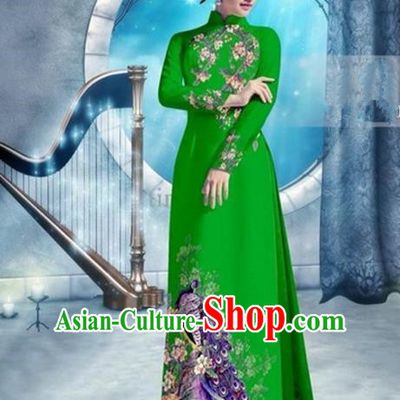Top Grade Asian Vietnamese Traditional Dress, Vietnam Bride Ao Dai Dress, Princess Wedding Printing Peacock Green Cheongsam Clothing for Women