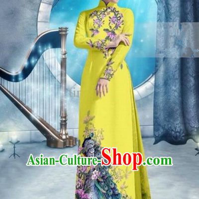 Top Grade Asian Vietnamese Traditional Dress, Vietnam Bride Ao Dai Dress, Princess Wedding Printing Peacock Lemon Yellow Cheongsam Clothing for Women