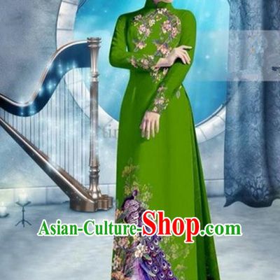 Top Grade Asian Vietnamese Traditional Dress, Vietnam Bride Ao Dai Dress, Princess Wedding Printing Peacock Deep Green Cheongsam Clothing for Women