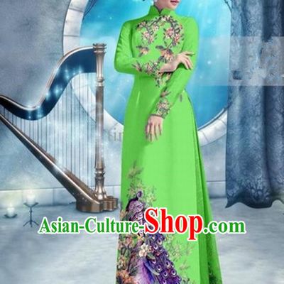 Top Grade Asian Vietnamese Traditional Dress, Vietnam Bride Ao Dai Dress, Princess Wedding Printing Peacock Fluorescent Green Cheongsam Clothing for Women