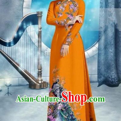 Top Grade Asian Vietnamese Traditional Dress, Vietnam Bride Ao Dai Dress, Princess Wedding Printing Peacock Orange Cheongsam Clothing for Women