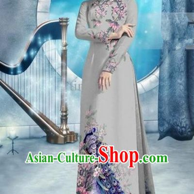 Top Grade Asian Vietnamese Traditional Dress, Vietnam Bride Ao Dai Dress, Princess Wedding Printing Peacock Grey Cheongsam Clothing for Women