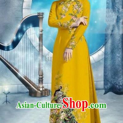 Top Grade Asian Vietnamese Traditional Dress, Vietnam Bride Ao Dai Dress, Princess Wedding Printing Peacock Yellow Cheongsam Clothing for Women