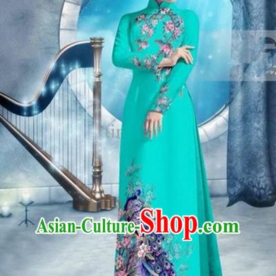 Top Grade Asian Vietnamese Traditional Dress, Vietnam Bride Ao Dai Dress, Princess Wedding Printing Peacock Fluorescent Blue Cheongsam Clothing for Women