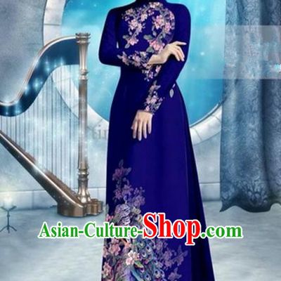 Top Grade Asian Vietnamese Traditional Dress, Vietnam Bride Ao Dai Dress, Princess Wedding Printing Peacock Royalblue Cheongsam Clothing for Women