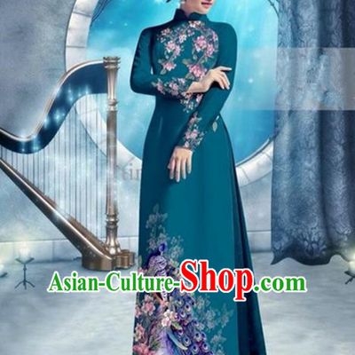 Top Grade Asian Vietnamese Traditional Dress, Vietnam Bride Ao Dai Dress, Princess Wedding Printing Peacock Blackish Green Cheongsam Clothing for Women