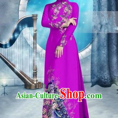 Top Grade Asian Vietnamese Traditional Dress, Vietnam Bride Ao Dai Dress, Princess Wedding Printing Peacock Rose Cheongsam Clothing for Women