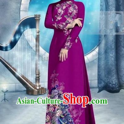 Top Grade Asian Vietnamese Traditional Dress, Vietnam Bride Ao Dai Dress, Princess Wedding Printing Peacock Wine Red Cheongsam Clothing for Women