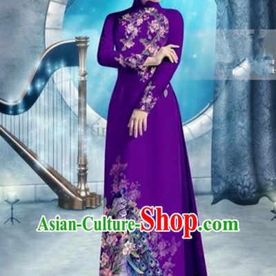 Top Grade Asian Vietnamese Traditional Dress, Vietnam Bride Ao Dai Dress, Princess Wedding Printing Peacock Purple Cheongsam Clothing for Women
