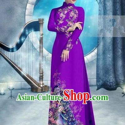 Top Grade Asian Vietnamese Traditional Dress, Vietnam Bride Ao Dai Dress, Princess Wedding Printing Peacock Light Purple Cheongsam Clothing for Women