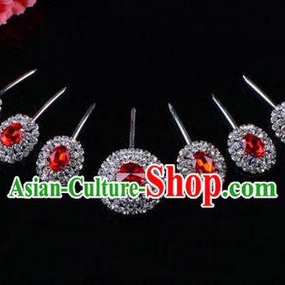 Chinese Ancient Peking Opera Hair Accessories Young Lady Seven stars Headwear, Traditional Chinese Beijing Opera Head Ornaments Hua Tan Red Crystal Hairpins